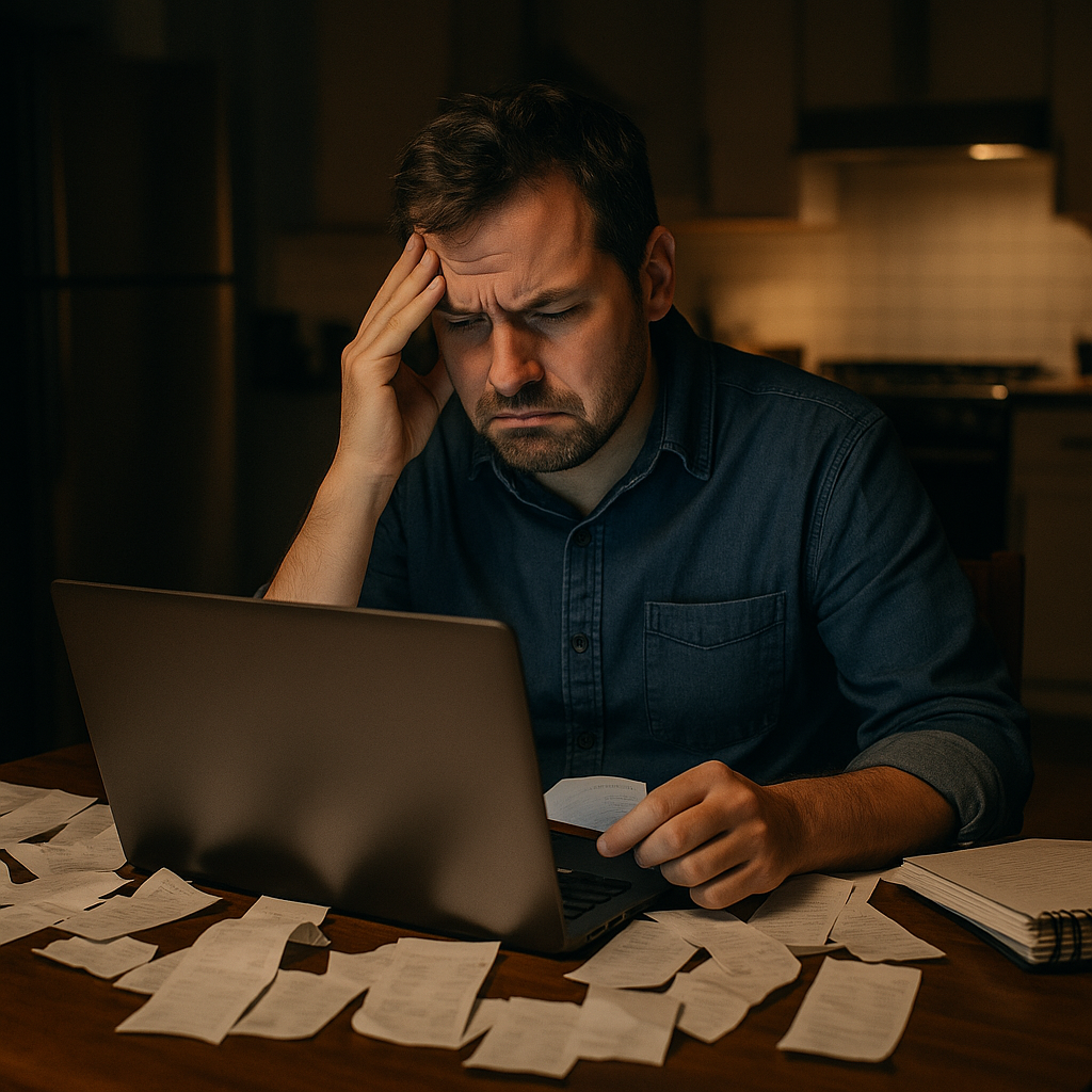 A frustrated small business owner in his 30s sits at his kitchen table late at night, surrounded by receipts and paperwork, staring at a laptop screen with a worried expression—highlighting the stress of managing finances without professional help.