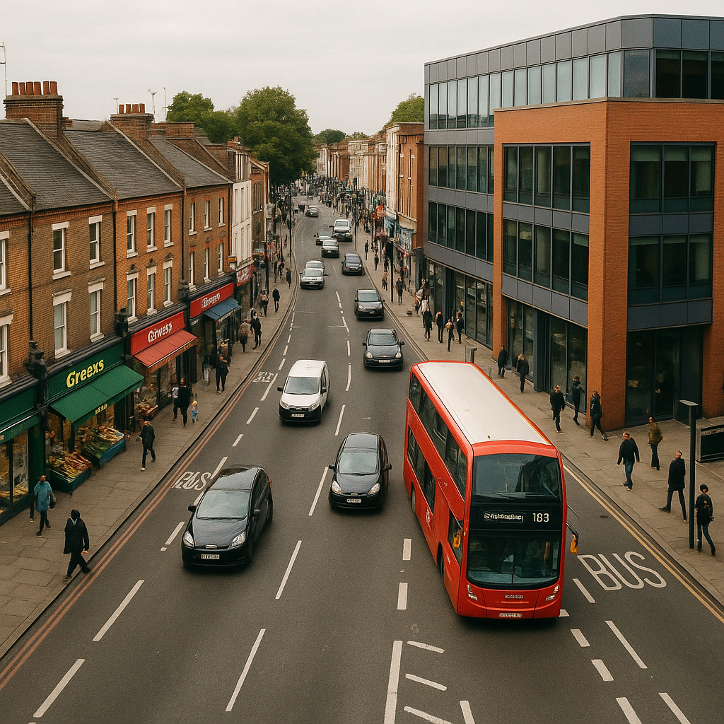 Aerial view of a busy North London street featuring traditional brick shops and modern glass office buildings, with pedestrians, cars, and a red double-decker bus illustrating the area's diverse business environment.