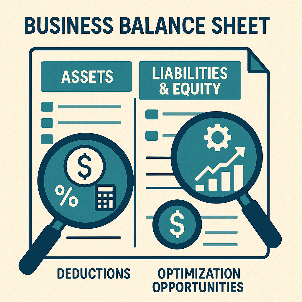 An infographic-style illustration showing a business balance sheet with magnifying glasses highlighting often-missed deductions and optimisation opportunities.