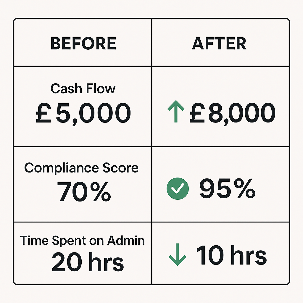 Before and after financial metrics comparison chart showing improvements: cash flow increases from £5,000 to £8,000, compliance score rises from 70% to 95%, and time spent on admin drops from 20 hours to 10 hours.