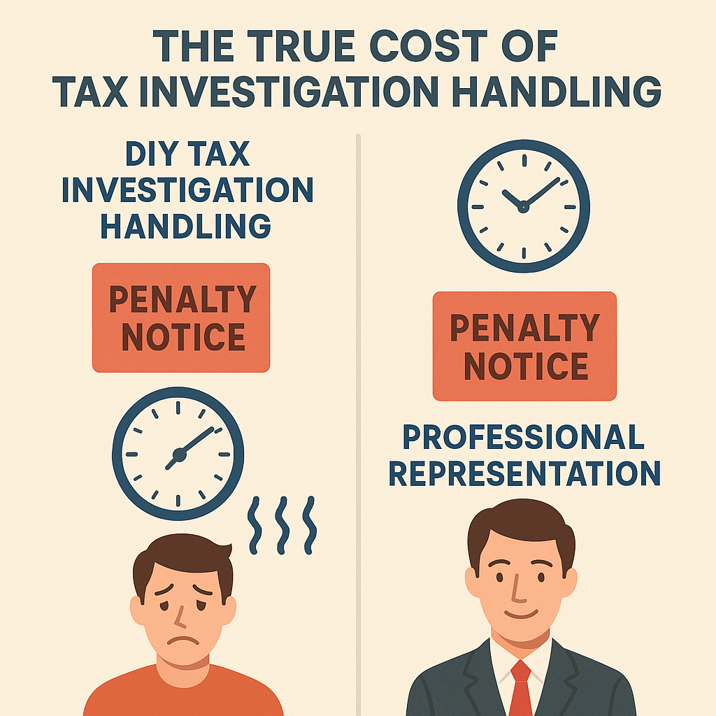 Infographic comparing DIY tax investigation handling versus professional representation, showing stressed individual with penalty notice and clock on one side, and calm professional with similar elements on the other, highlighting hidden costs and time differences.