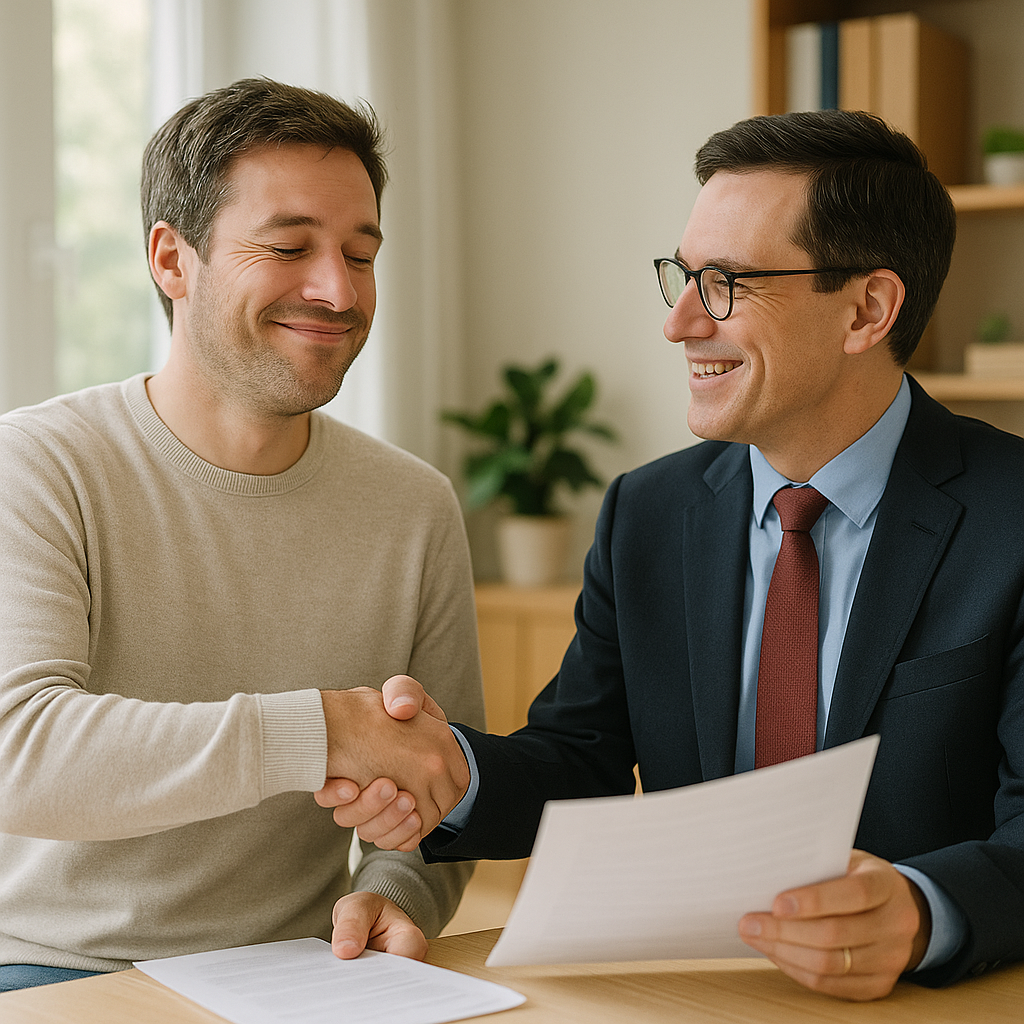 Client shaking hands with tax advisor in a bright office, both smiling and holding documents, symbolizing successful tax case resolution and genuine relief.