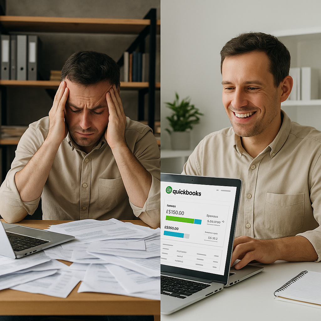 Split-screen image of a business owner before and after using QuickBooks UK; left side shows him stressed and overwhelmed by paperwork, while the right side shows him smiling at a clean desk with QuickBooks software open on his laptop.