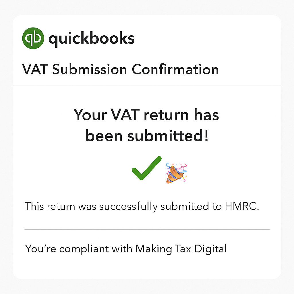 QuickBooks UK VAT submission confirmation screen showing successful submission message with green checkmark and party popper emoji, indicating Making Tax Digital compliance.