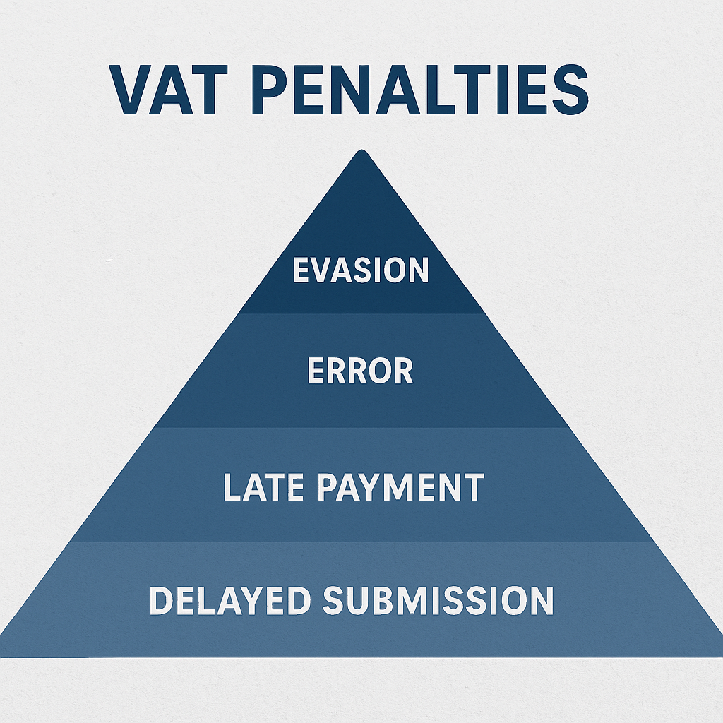Pyramid infographic showing escalating VAT penalties from bottom to top: Delayed Submission, Late Payment, Error, and Evasion, representing increasing severity of tax violations.