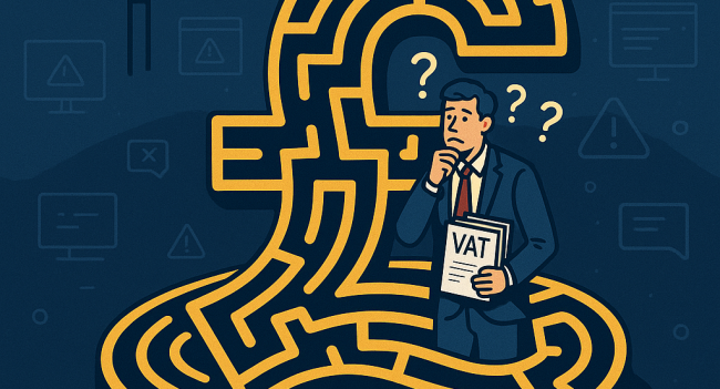 Sole trader standing lost inside a pound-symbol-shaped maze surrounded by VAT paperwork and penalty warnings, symbolizing the complexity and risks of VAT registration.