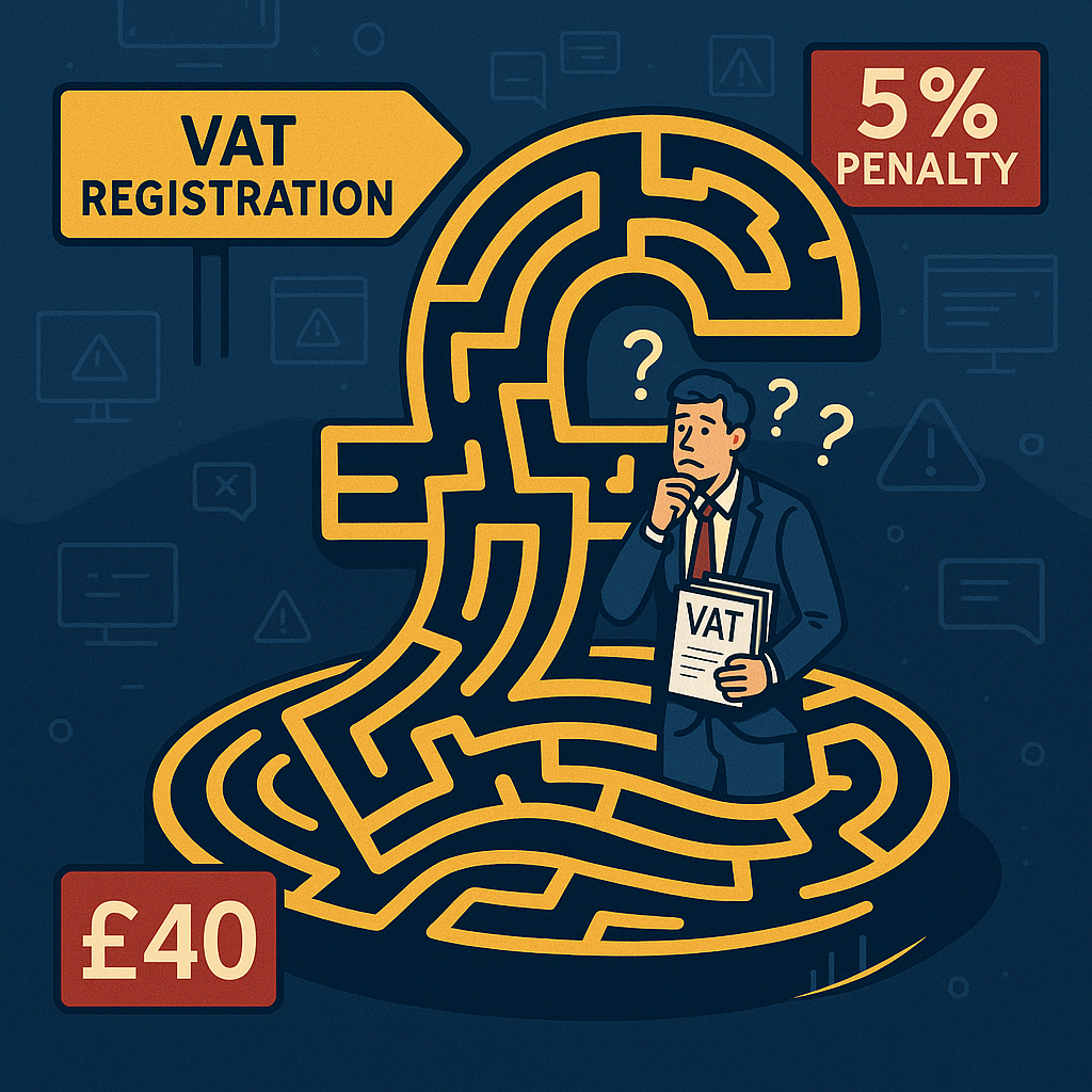 Sole trader standing lost inside a pound-symbol-shaped maze surrounded by VAT paperwork and penalty warnings, symbolizing the complexity and risks of VAT registration.