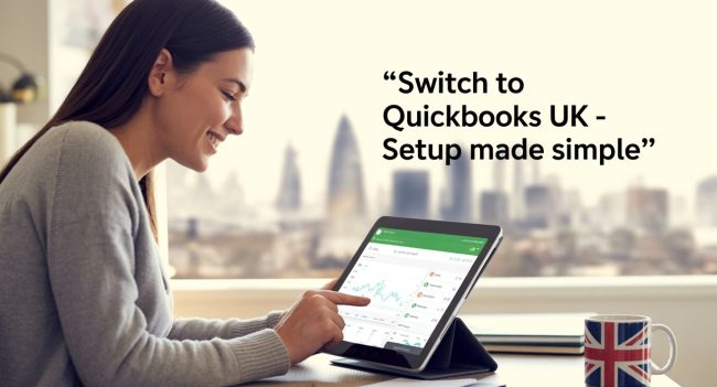 Smiling woman using QuickBooks UK on a tablet with financial graphs on screen, seated at a desk with a British flag mug and London skyline in the background, promoting easy setup for UK users.