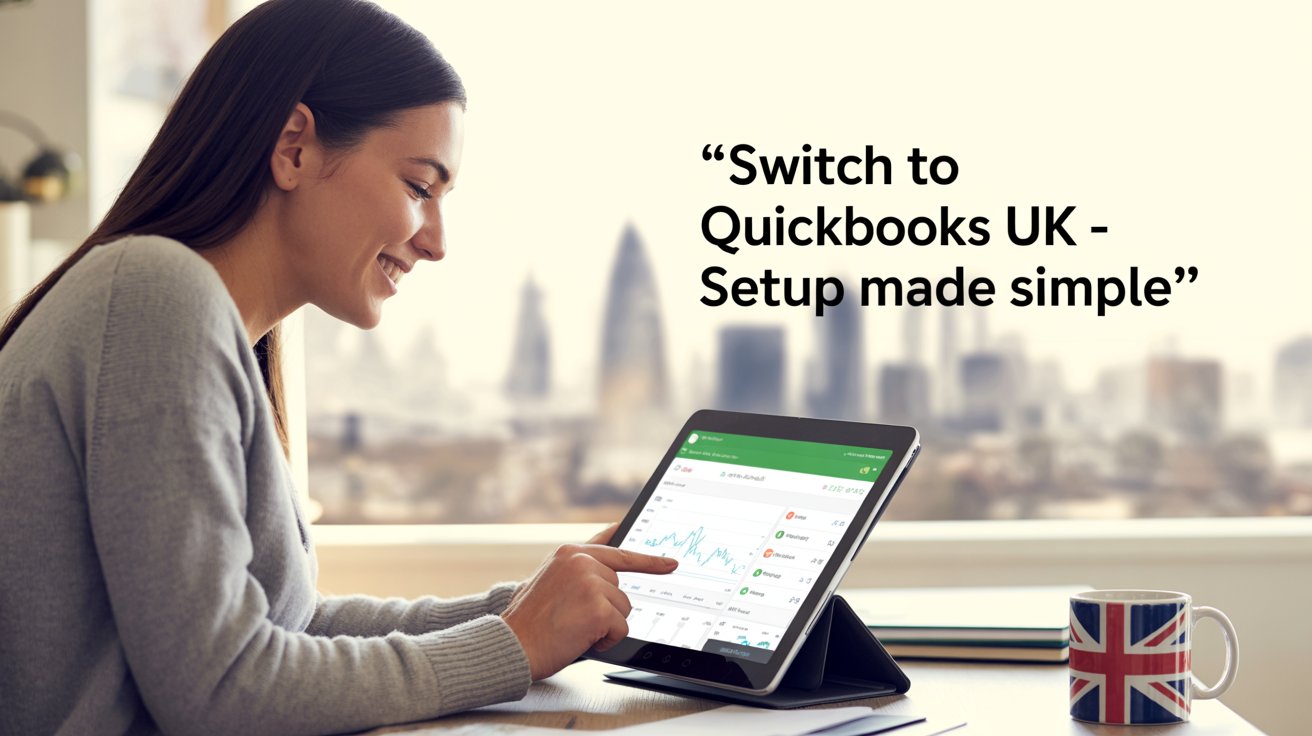 Smiling woman using QuickBooks UK on a tablet with financial graphs on screen, seated at a desk with a British flag mug and London skyline in the background, promoting easy setup for UK users.