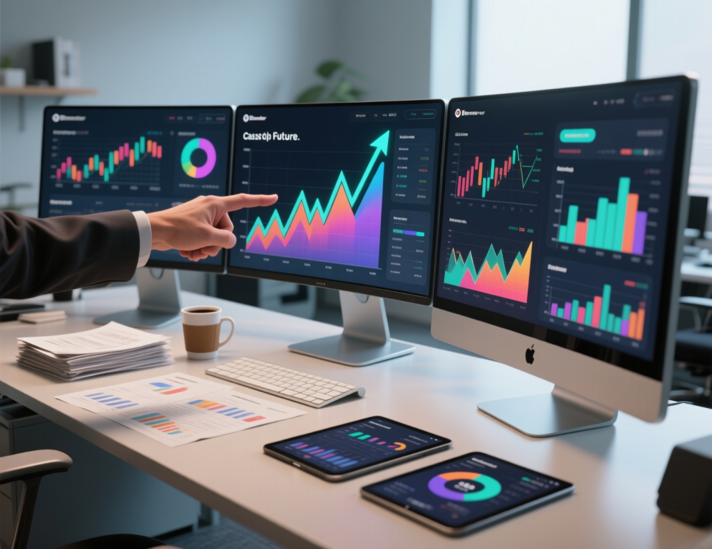 Modern accountancy business management workspace with professional analyzing colorful cash flow charts and financial projections on multiple monitors, combining traditional printed reports with digital tablets and screens for comprehensive financial planning
