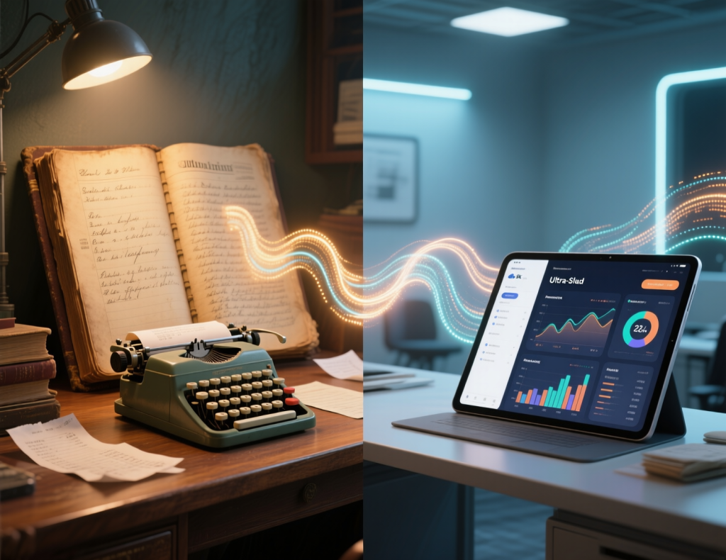 Accountancy business and management evolution from traditional typewriter and handwritten ledgers to modern digital tablet displaying financial dashboards and analytics with flowing light connecting past and present accounting methods