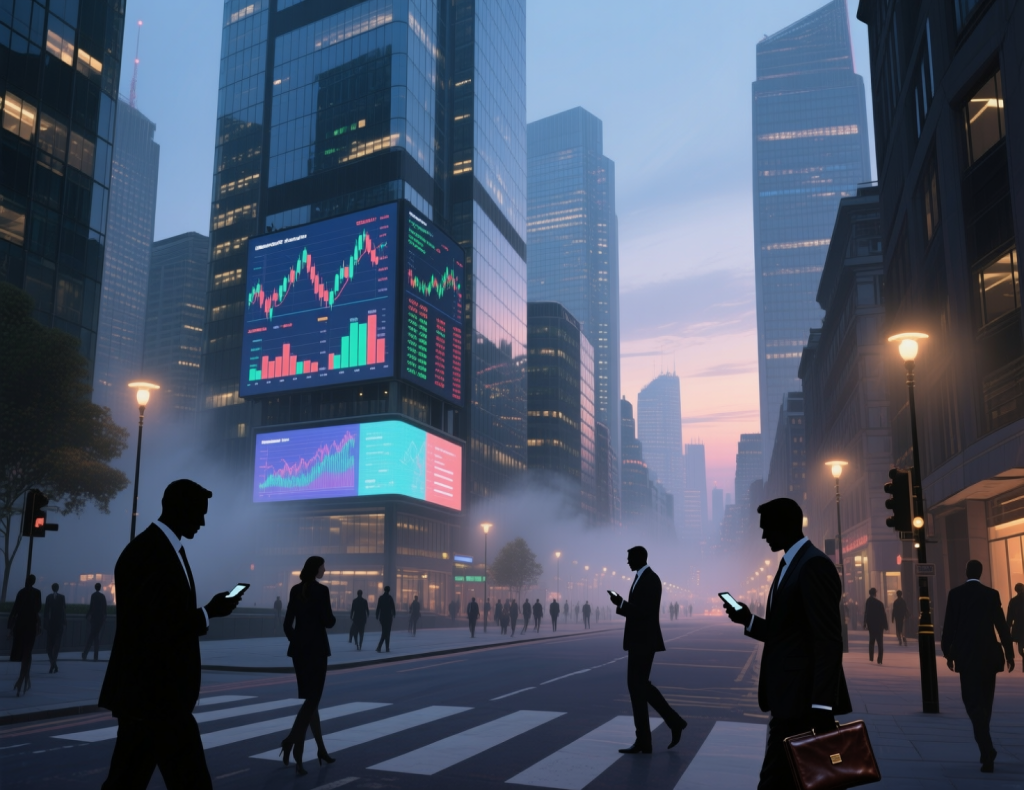 Accountancy business and management professionals walking through financial district with large digital displays showing stock charts, trading data and financial analytics on skyscraper buildings at dusk