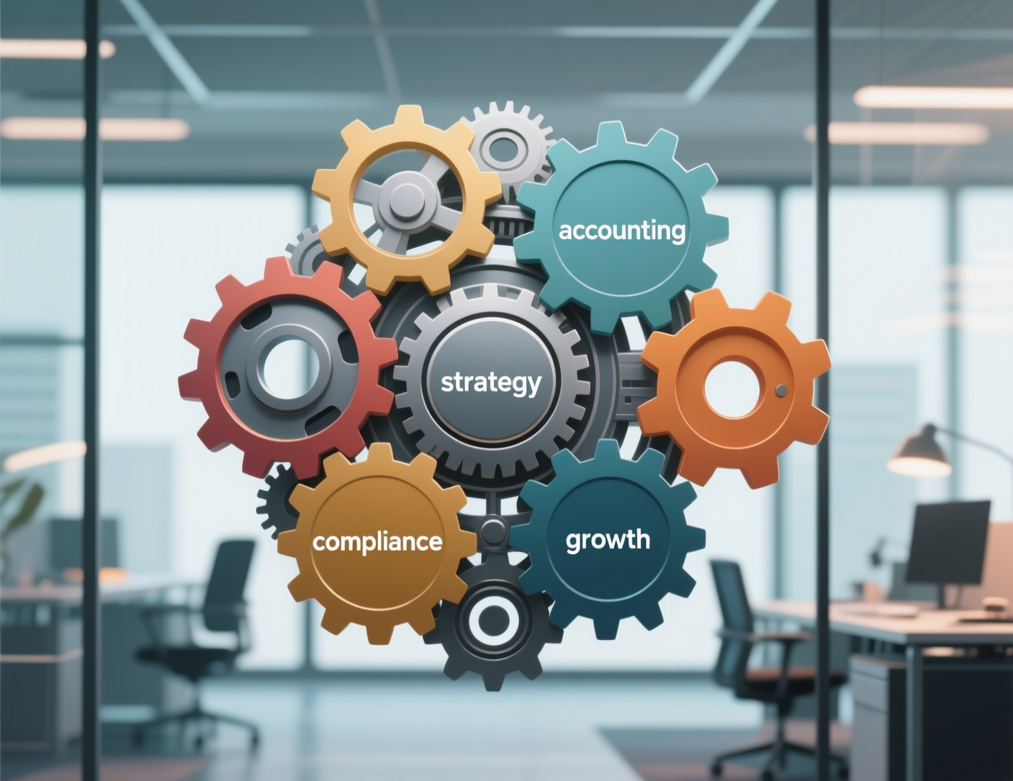 Accountancy business and management interconnected gear system showing accounting, strategy, compliance and growth components working together in modern office environment