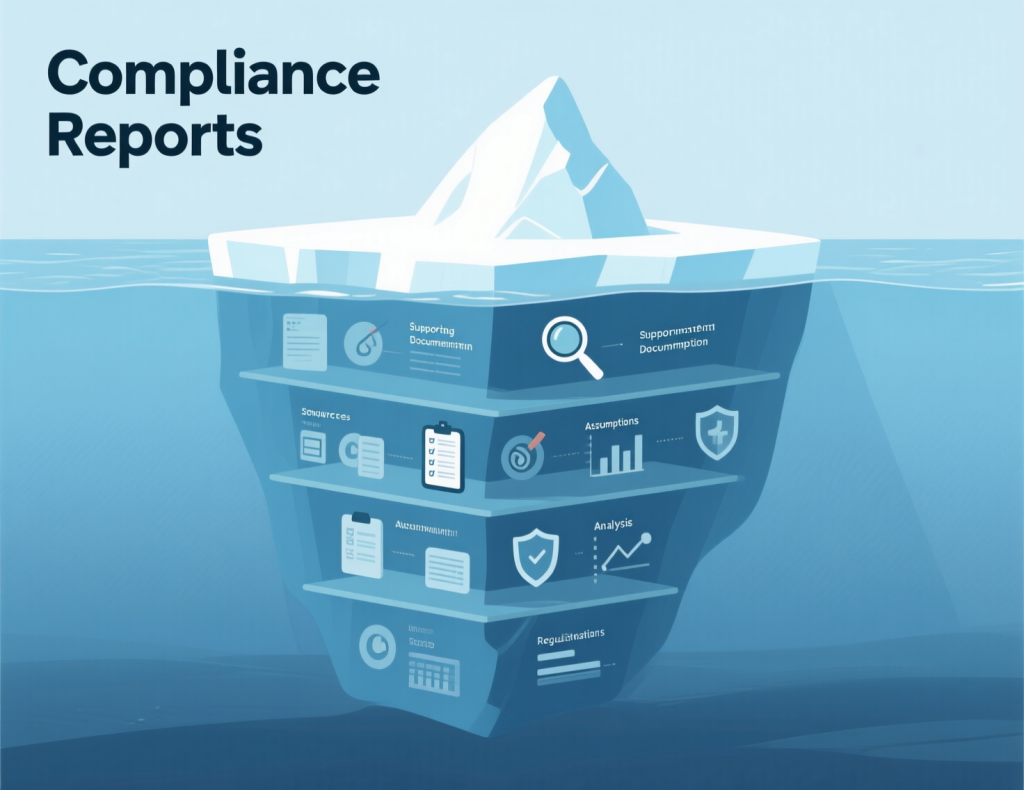 Iceberg illustration showing compliance reports above water and hidden layers below including supporting documentation, sources, assumptions, analysis, and regulations.