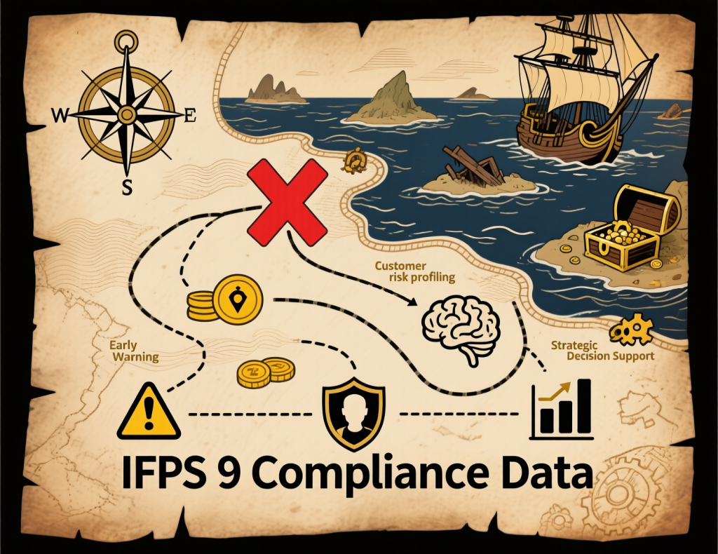 A treasure map style illustration showing how IFRS 9 financial instruments compliance data leads to various business insights (early warning indicators, customer risk profiling, strategic decision support).
