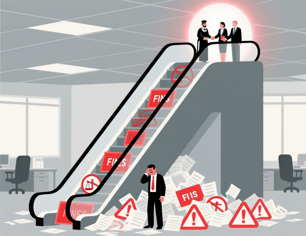 Businessman stuck at the bottom of an escalator filled with payroll issues and warning signs, while others successfully reach solutions at the top, symbolizing hidden compliance mistakes and costly financial risks.