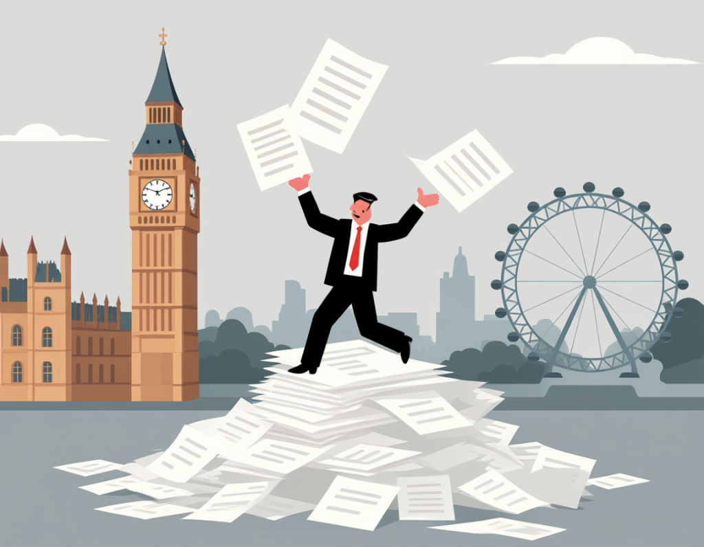 Illustration of a businessman standing on a pile of payroll service paperwork with documents flying in the air, set against London landmarks Big Ben and the London Eye, symbolising UK tax and financial compliance challenges.