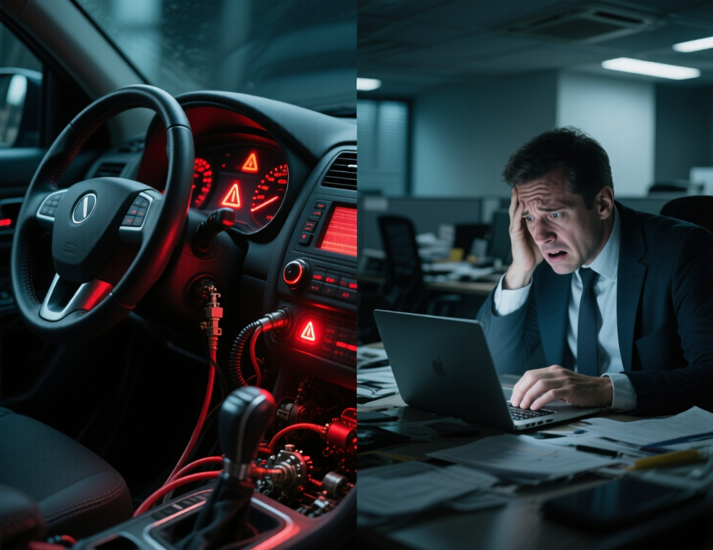 A split-screen image showing a car dashboard with all warning lights flashing red alongside a business owner staring at a laptop with a confused expression. This visualises the chaos of operating without proper financial visibility.