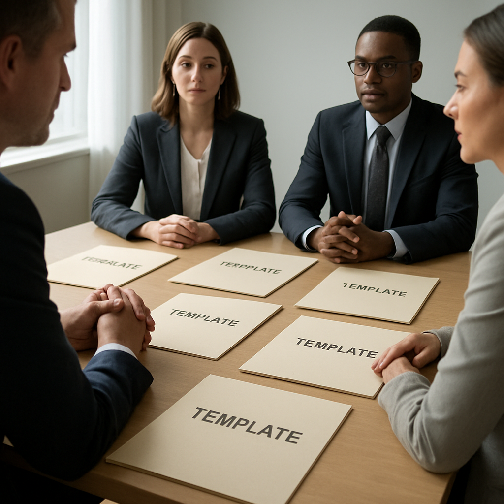 Ultra-realistic office meeting scene with four professionals sitting around a desk covered in identical beige folders labeled “TEMPLATE,” symbolizing generic one-size-fits-all business advice.
