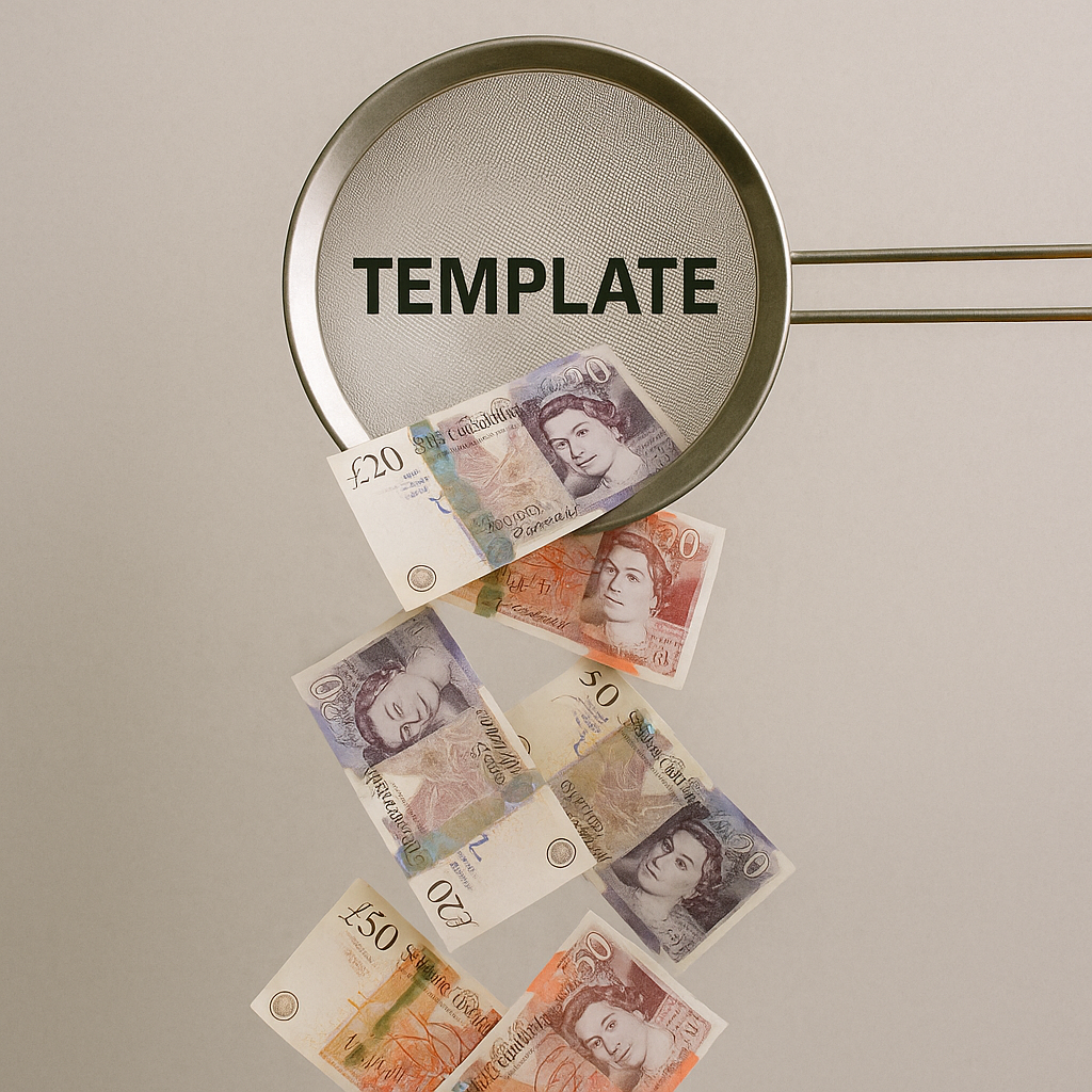 Ultra-realistic square image of British pound notes falling through a metal sieve labeled “TEMPLATE,” symbolizing missed financial opportunities from generic advice.
