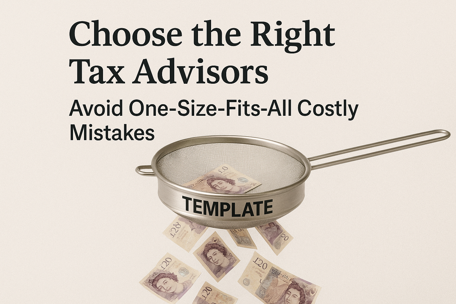 Featured blog image with headline “Choose the Right Tax Advisors – Avoid One-Size-Fits-All Costly Mistakes,” showing British pound notes falling through a metal sieve labeled “TEMPLATE,” symbolizing financial losses from generic tax advice.