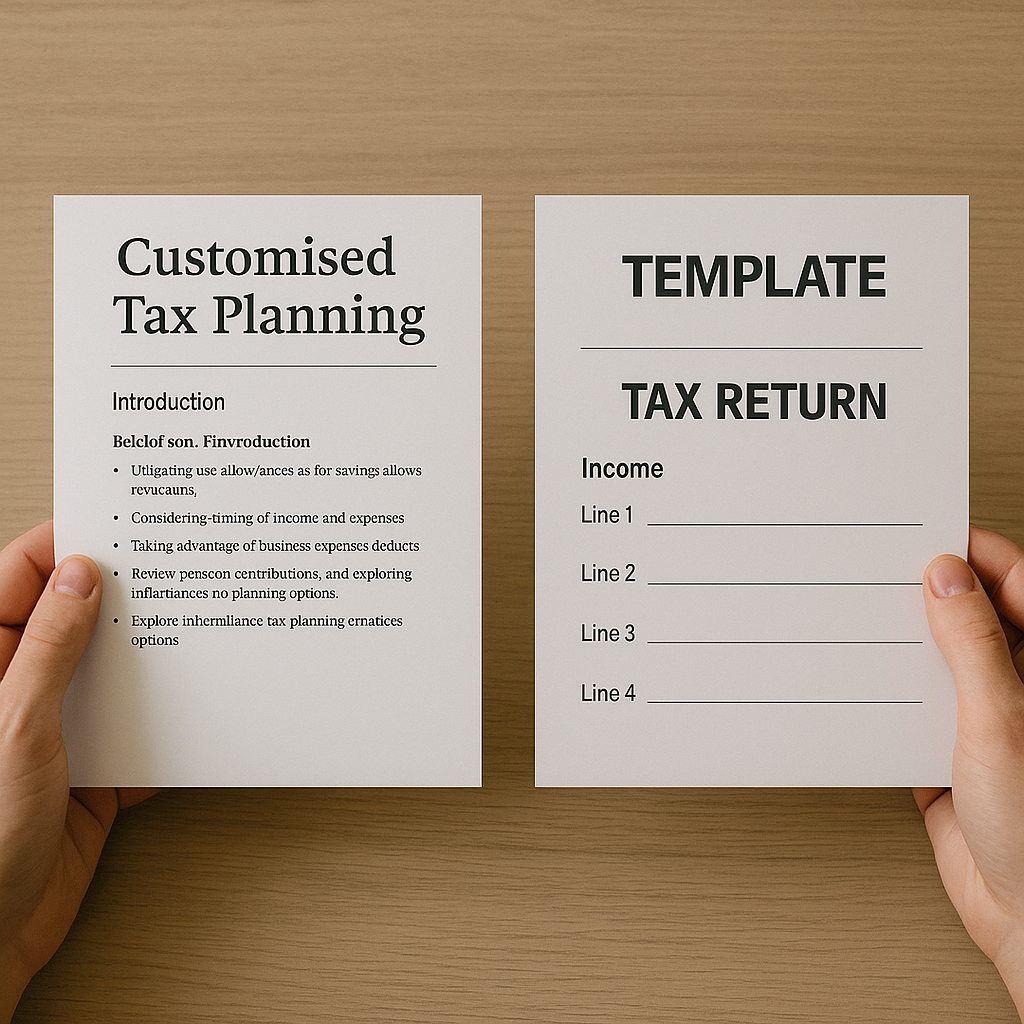 Ultra-realistic square image showing side-by-side comparison of a detailed “Customised Tax Planning” document with bullet-point strategies versus a basic “TEMPLATE Tax Return” form, symbolizing the difference between tailored advice and generic filing.
