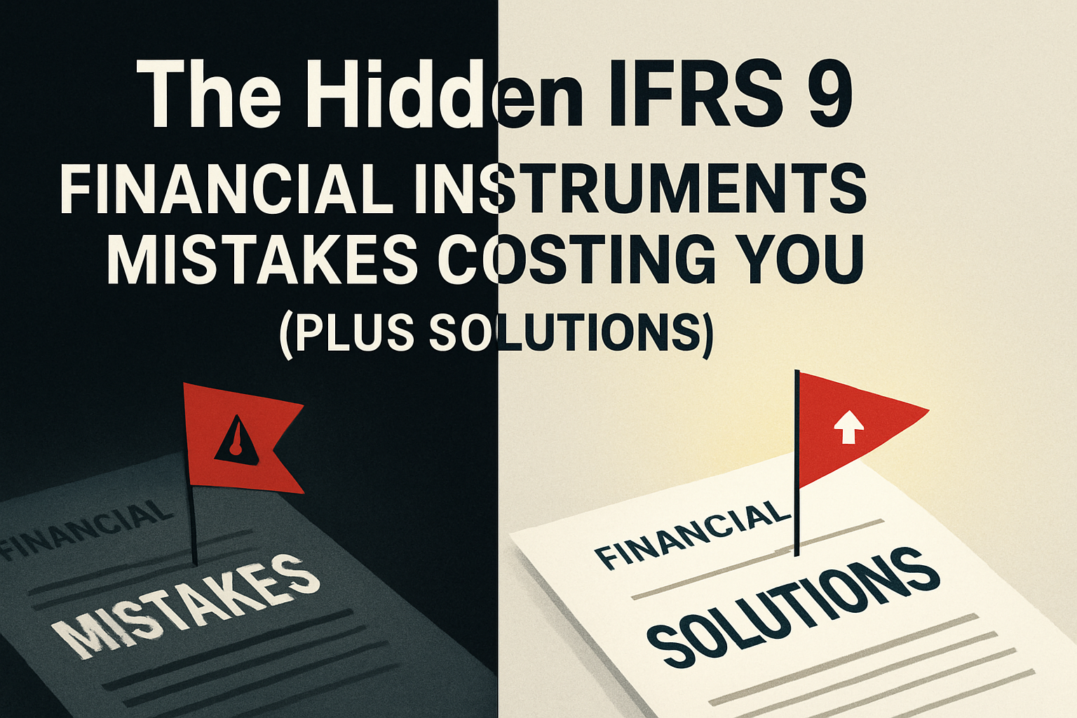 Split image showing IFRS 9 financial mistakes versus solutions – dark side with hidden errors and bright side with corrective solutions, highlighting costly compliance risks and remedies.