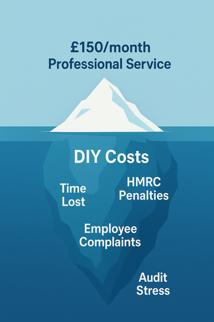 Iceberg infographic showing visible tip labeled '£150/month "payroll Service' and hidden underwater DIY costs including Time Lost, HMRC Penalties, Employee Complaints, and Audit Stress, illustrating the hidden risks of doing accounting yourself.
