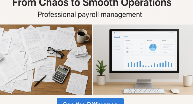 Side-by-side comparison showing payroll transformation: left side messy desk with scattered papers, calculator, and coffee cup; right side clean digital workspace with payroll dashboard on computer screen, plant, and mug. Text reads “From Chaos to Smooth Operations – Professional payroll management.” CTA button: “See the Difference.”