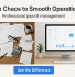 Side-by-side comparison showing payroll transformation: left side messy desk with scattered papers, calculator, and coffee cup; right side clean digital workspace with payroll dashboard on computer screen, plant, and mug. Text reads “From Chaos to Smooth Operations – Professional payroll management.” CTA button: “See the Difference.”