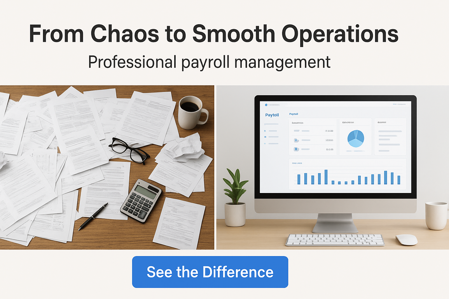 Side-by-side comparison showing payroll transformation: left side messy desk with scattered papers, calculator, and coffee cup; right side clean digital workspace with payroll dashboard on computer screen, plant, and mug. Text reads “From Chaos to Smooth Operations – Professional payroll management.” CTA button: “See the Difference.”