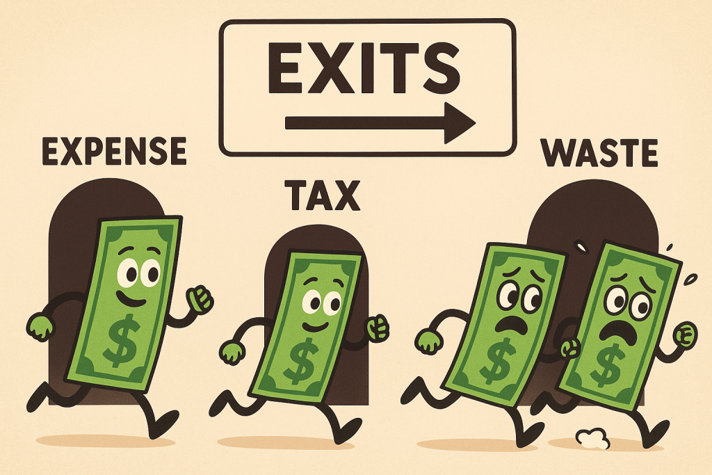 Cartoon infographic showing dollar bills as characters escaping through business expense exits labeled Expense, Tax, and Waste, symbolizing money loss and cost control challenges.