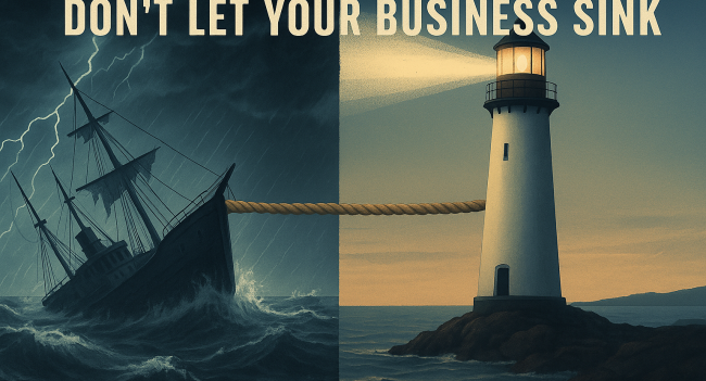 Basic accounting services prevent business failure - split image showing sinking ship in storm versus lighthouse guiding business to safety