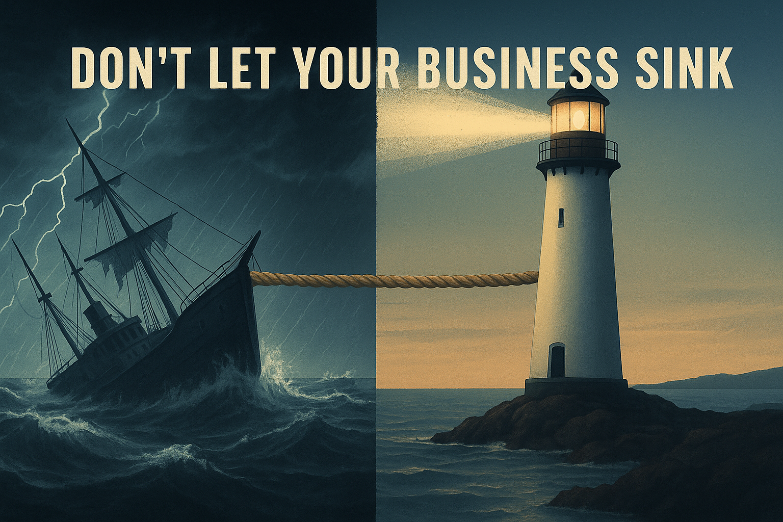 Basic accounting services prevent business failure - split image showing sinking ship in storm versus lighthouse guiding business to safety