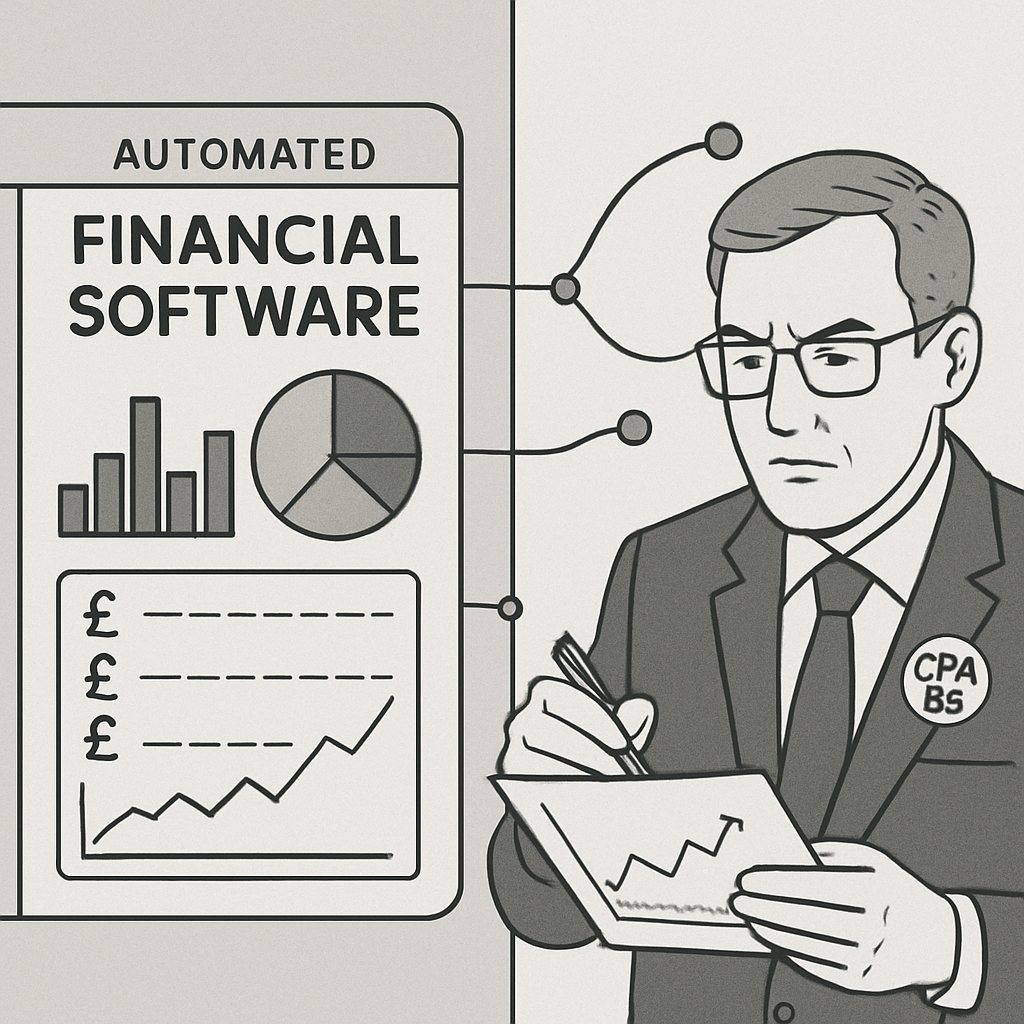 Split-screen illustration showing automated financial software with charts, graphs, and currency symbols on the left, and a UK Certified Public Accountant in formal attire analysing the data on the right, connected by network lines representing data flow.