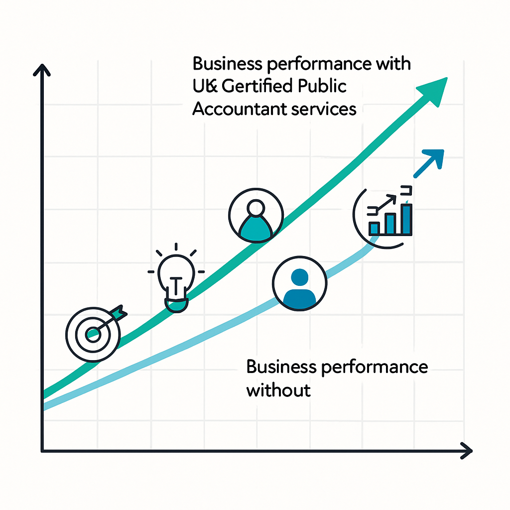 Square 2D line graph comparing business performance with and without UK Certified Public Accountant services; steeper line with CPA services marked by milestone icons like target, lightbulb, person, and bar chart, on a light grid background.