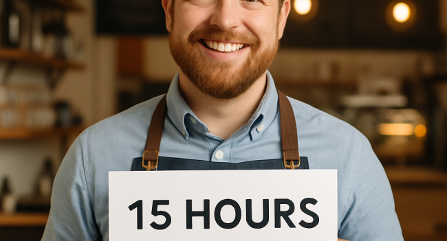 A smiling small business owner wearing a blue shirt and apron, proudly holding a sign that reads “15 HOURS SAVED” inside a cozy, well-lit shop with wooden shelves and warm pendant lighting.