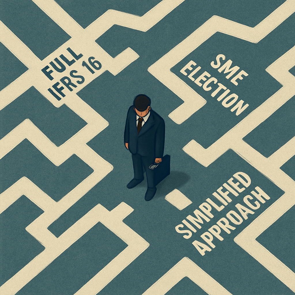 Aerial view of a businessperson standing at the center of a decision maze with three labeled paths: 'Full IFRS 16,' 'SME Election,' and 'Simplified Approach,' symbolizing the complexity of lease accounting compliance choices.