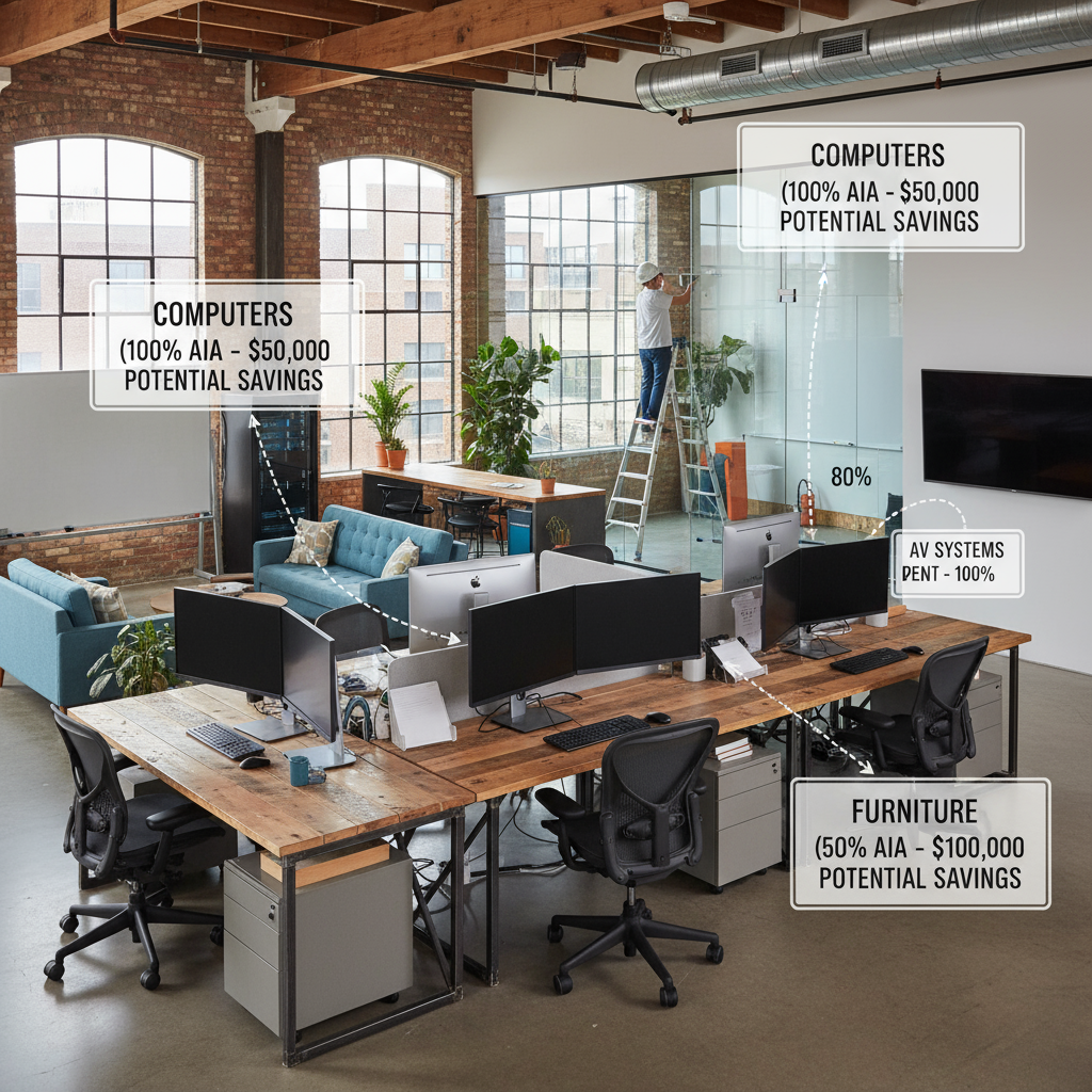 An office space with various items highlighted and labeled with their allowance percentages—an actual workspace showing computers (100% AIA), furniture, building improvements, with callout boxes showing potential savings