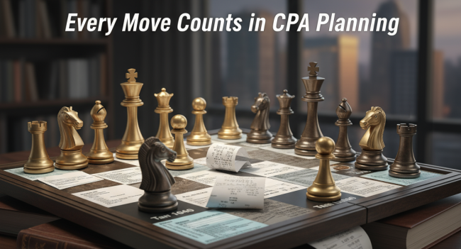 Strategic CPA tax planning concept showing chess pieces on financial documents with calculator, representing quarterly business tax strategy and growth planning