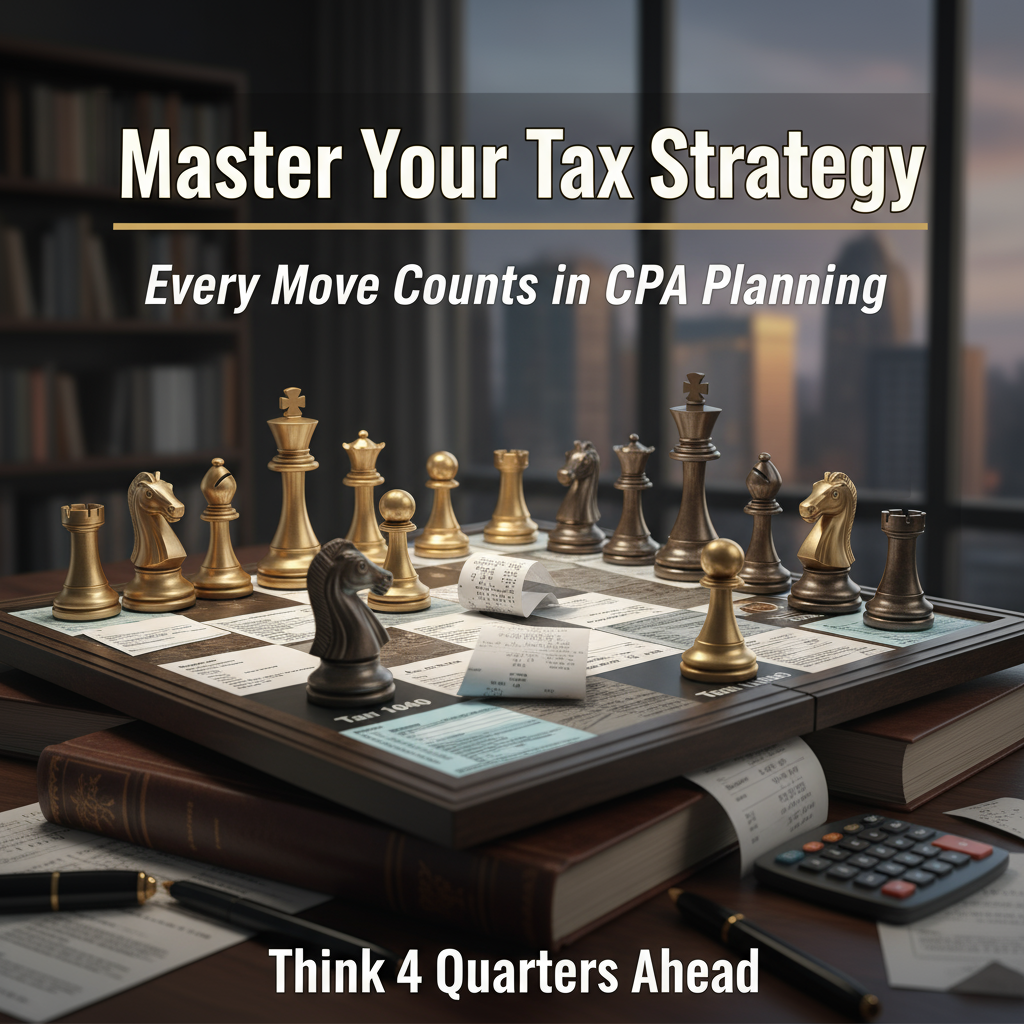 Strategic CPA tax planning concept showing chess pieces on financial documents with calculator, representing quarterly business tax strategy and growth planning