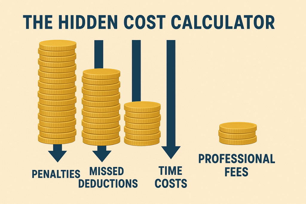 The Hidden Cost Calculator infographic comparing tax preparation services professional fees versus hidden costs like penalties, missed deductions, and time costs, shown with stacks of coins and arrows.