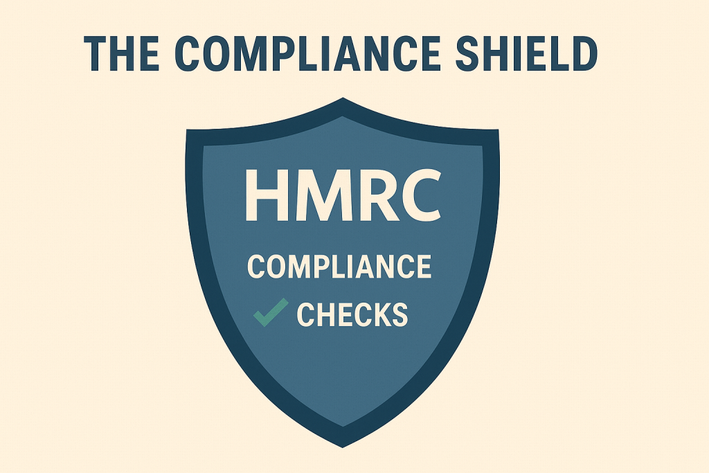 The Compliance Shield infographic showing a protective shield with HMRC compliance checkmarks, symbolizing how tax preparation services safeguard clients from penalties and investigations.