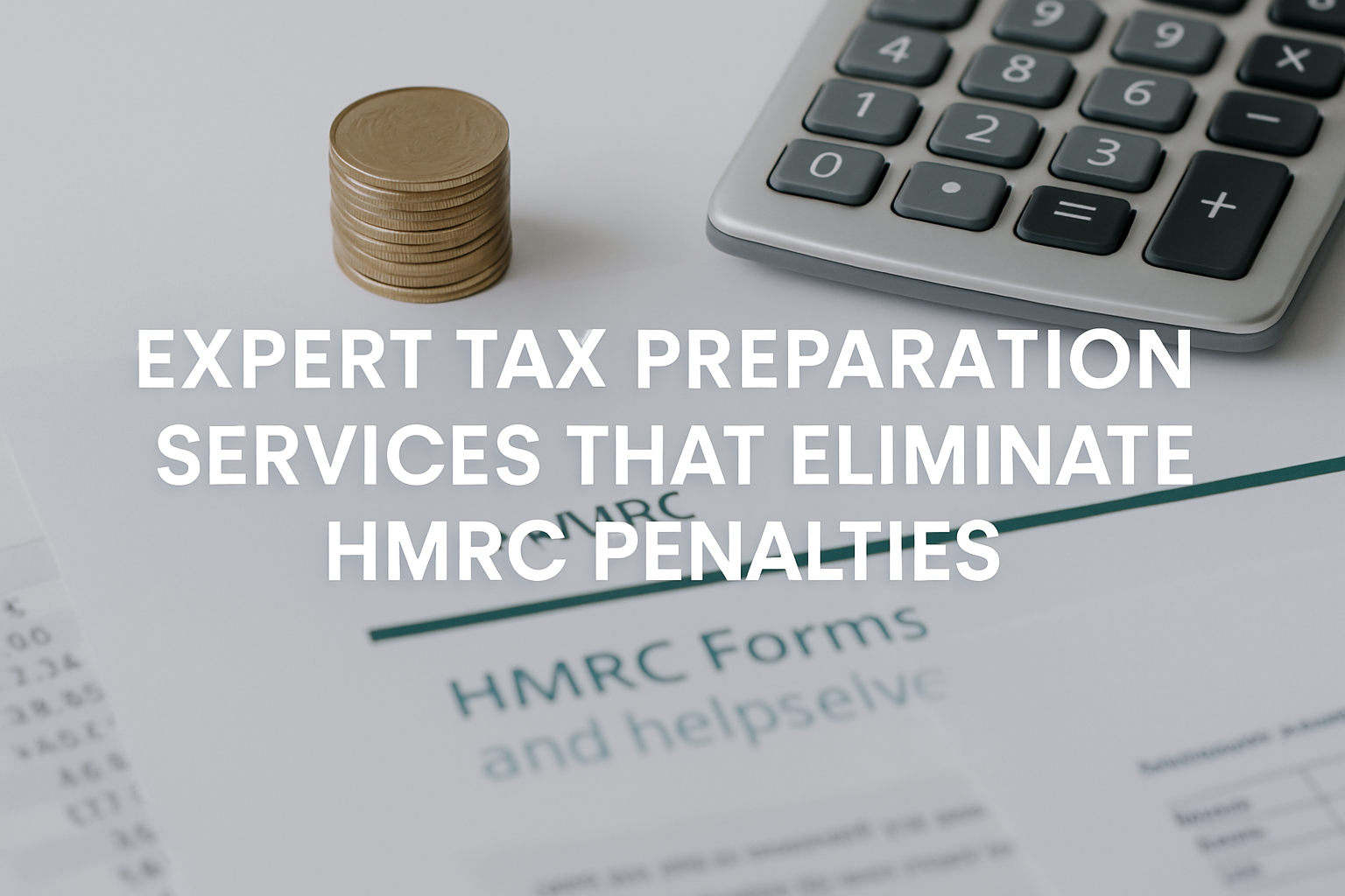 Featured blog image with overlay text ‘Expert Tax Preparation Services That Eliminate HMRC Penalties,’ shown on a clean corporate background with calculator, coins, and HMRC tax forms.