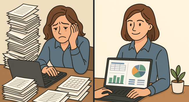 Before and after comparison of an accountant using manual spreadsheets versus modern accounting solutions with automated dashboards, showing improved efficiency and reduced stress.