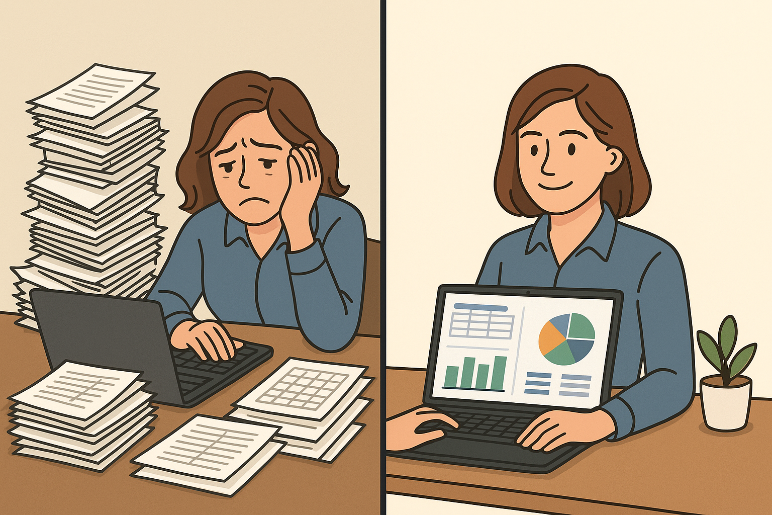 Before and after comparison of an accountant using manual spreadsheets versus modern accounting solutions with automated dashboards, showing improved efficiency and reduced stress.