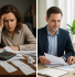 Split-screen showing a stressed entrepreneur buried in receipts versus a confident business owner reviewing organized financial documents with professional tax assistance.