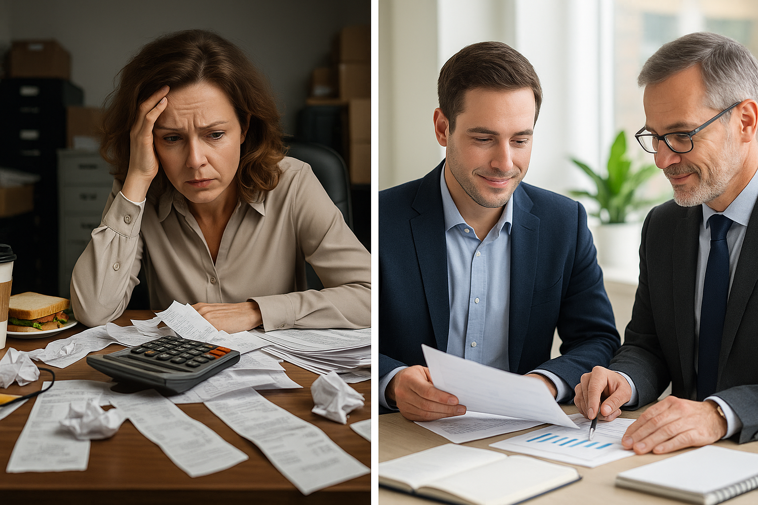 Split-screen showing a stressed entrepreneur buried in receipts versus a confident business owner reviewing organized financial documents with professional tax assistance.