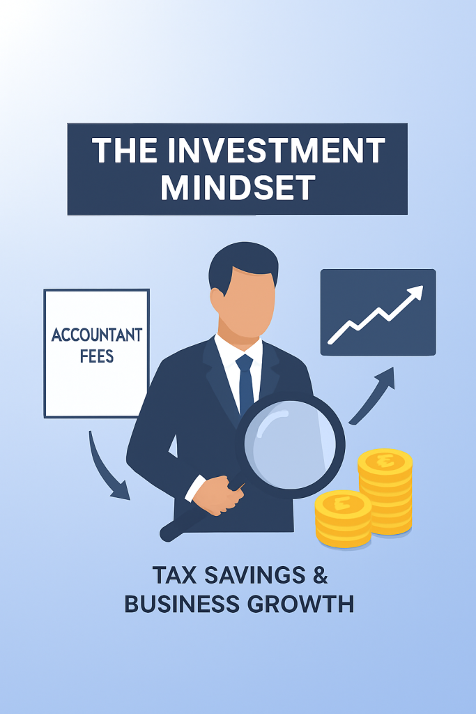 Illustration of accountant for self employed near me showing investment mindset, with accountant fees leading to tax savings and business growth through expert advice