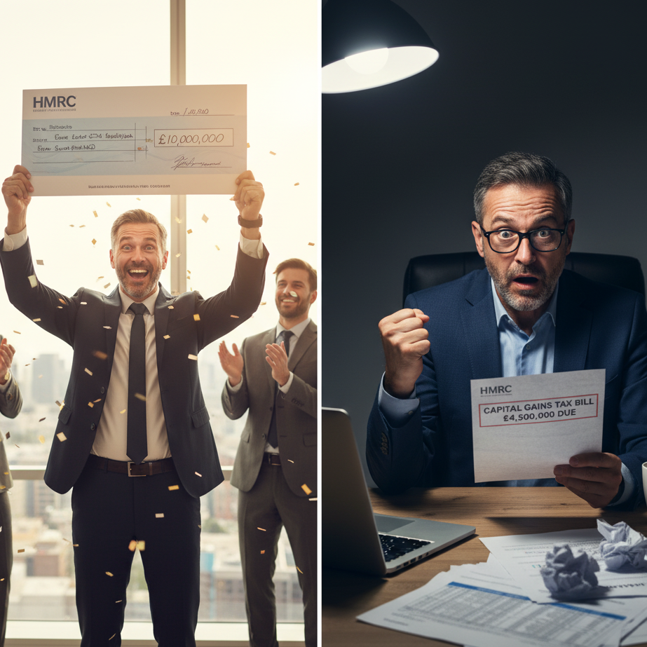 Capital gains tax accountant near me - Split screen showing business owner celebrating £10 million sale versus receiving shocking £4.5 million HMRC capital gains tax bill, illustrating need for professional tax planning advice